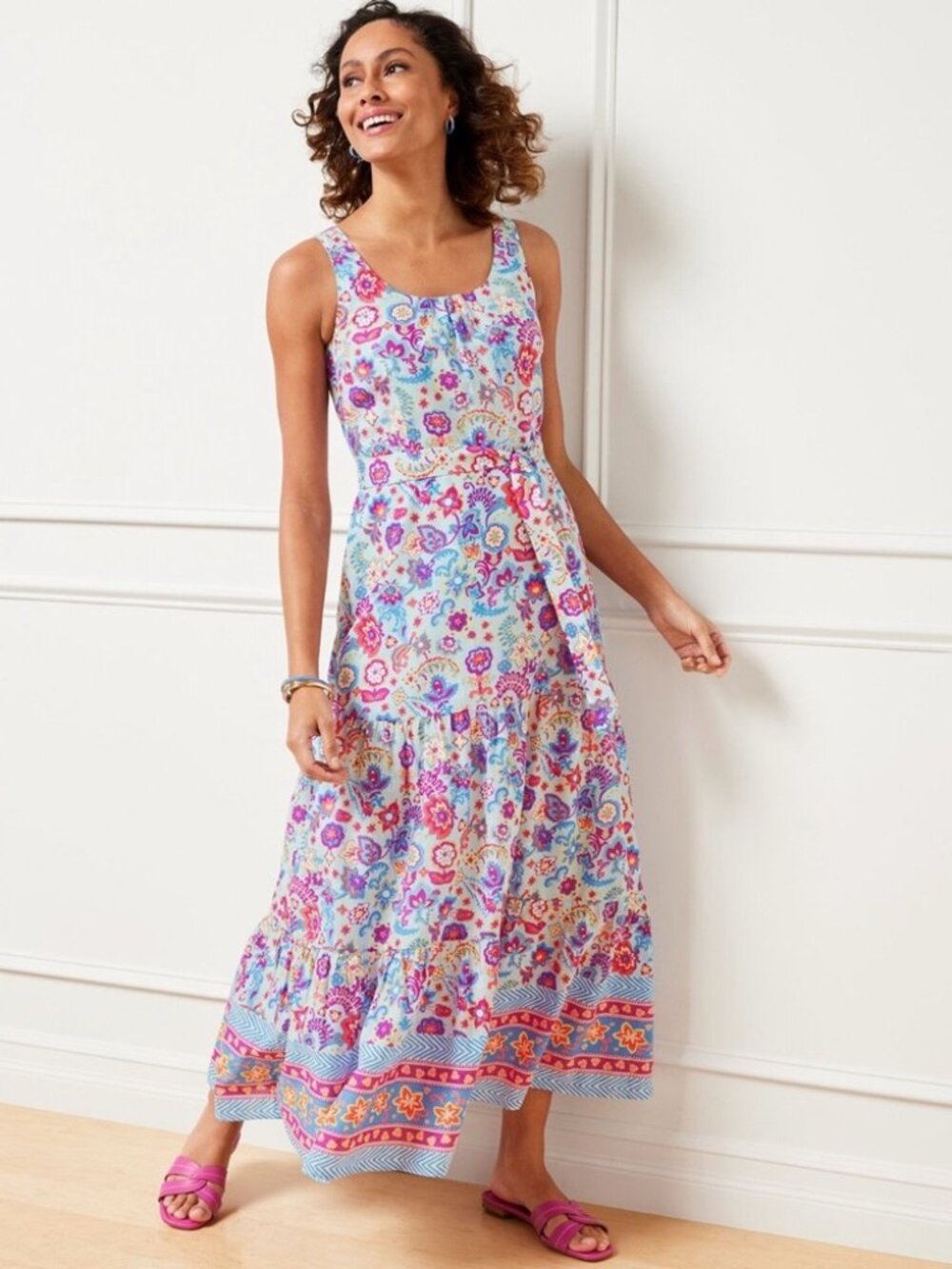 Talbots Floral Belted Voile Maxi Dress Blue Sleeveless  16P